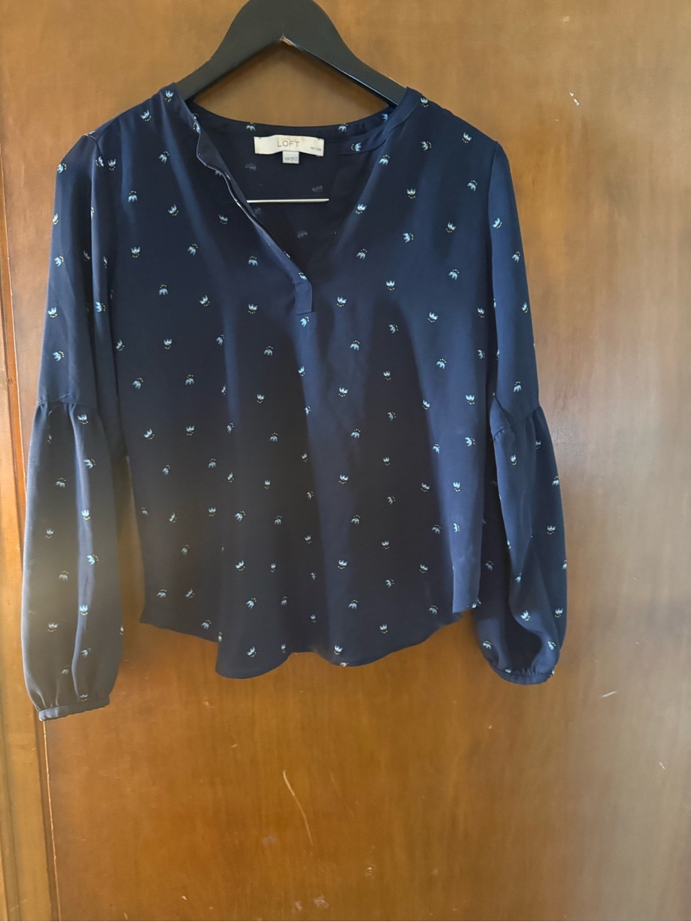 LOFT Navy Blouse with Light Blue Floral Dots